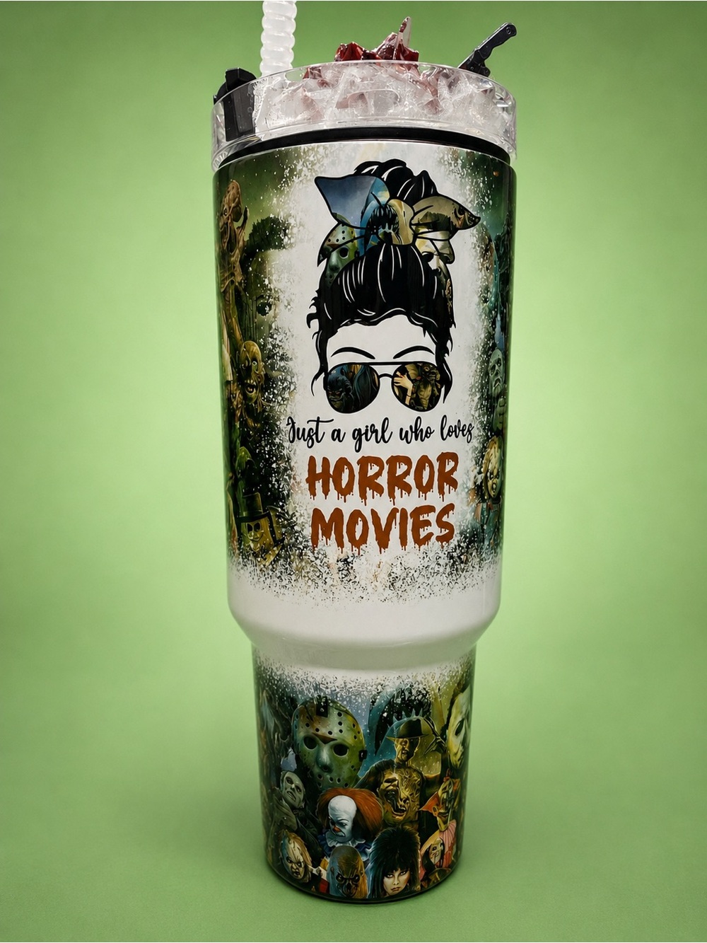 Custom Horror Movie 40oz Stainless Steel Tumbler w/ Handle & Bloody Ice Topper 🔪